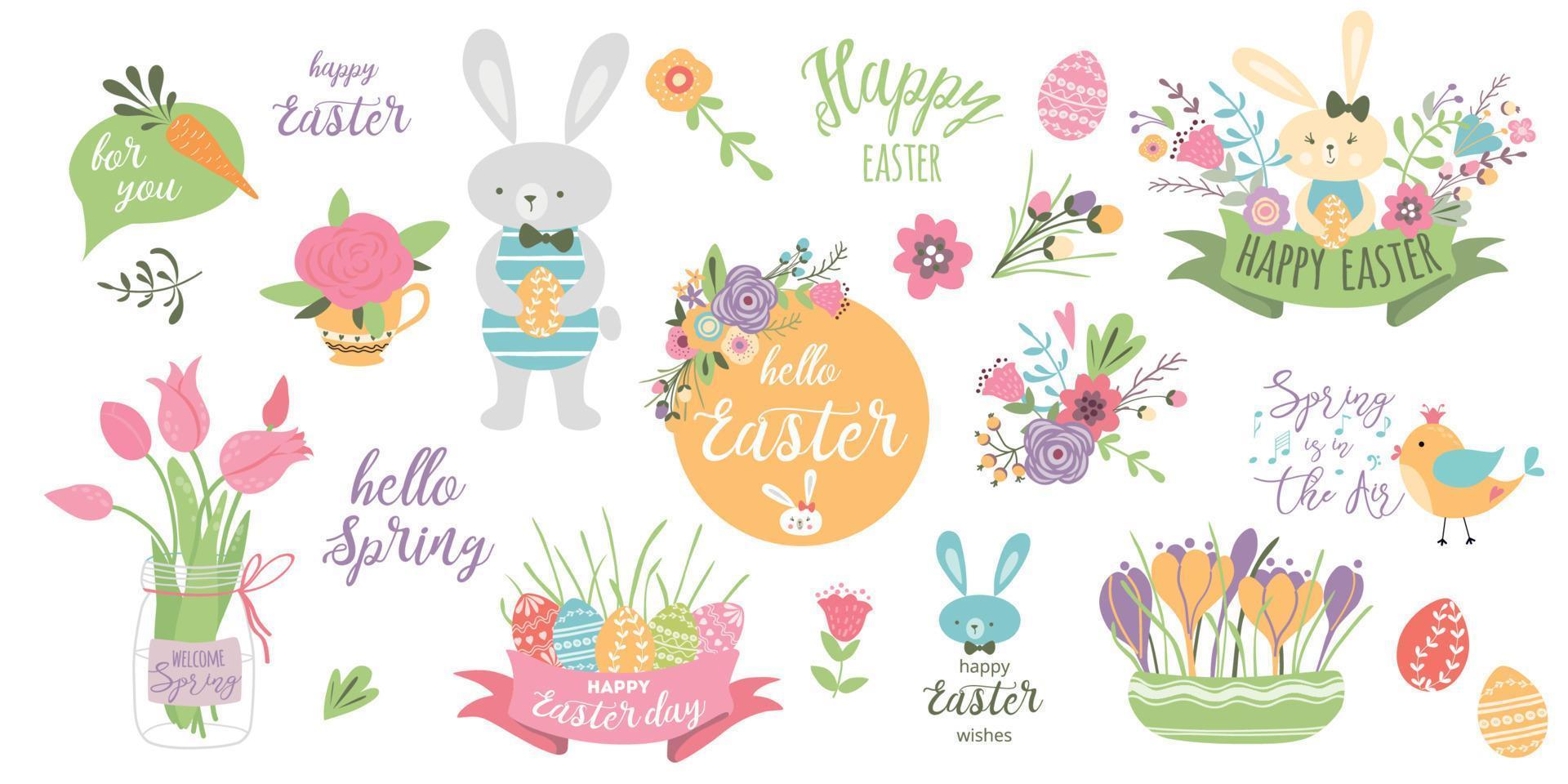 vår element uppsättning. kanin kanin, morot, blommor, tulpaner, påsk isolerat illustrationer och typografi. blommig krans, påsk ägg, vår buketter, band söt vektor hand dragen samling.