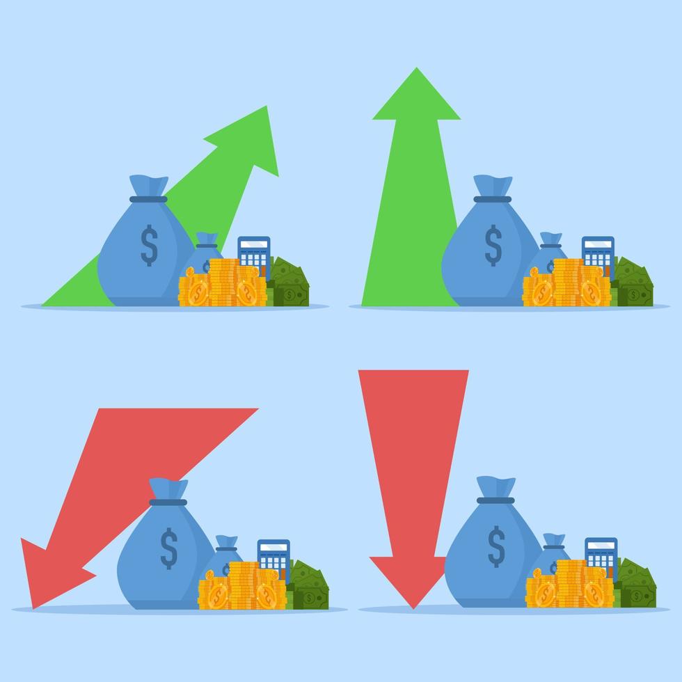 pengar inkomst vinst ikon begrepp eller konkurs förlust budget och avdrag bekostnad som finansiell ekonomisk kris eller stock marknadsföra falla platt tecknad serie illustration, huvudstad öka eller fond ner vektor