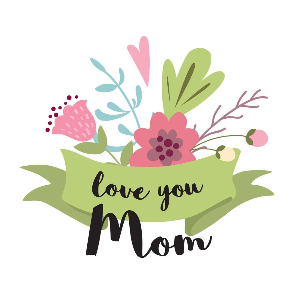 text kärlek du mamma på grön band dekorerad söt hand dragen blommor hälsning design element för mors dag vecor illustration baner för mor Semester. vektor