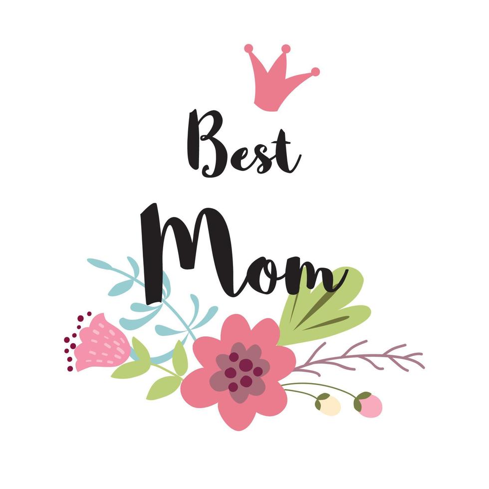 glücklich Mütter Tag Gruß Banner Design Text Beste Mama typografisch Zitat dekoriert Hand gezeichnet Grün Blätter süß Blumen Rosa Farben. Vektor Illustration. Poster Banner drucken Logo Symbol zum Mama.