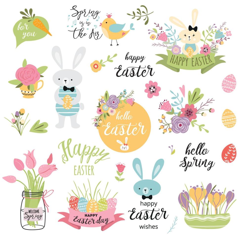 einstellen von süß Ostern Karikatur Elemente Ostern Baby Hase Hase Eier dekorativ Blume Frühling Strauß Ast Text glücklich Ostern Band Inschrift isoliert Weiß Vektor Illustration Grün Gelb Farbe.