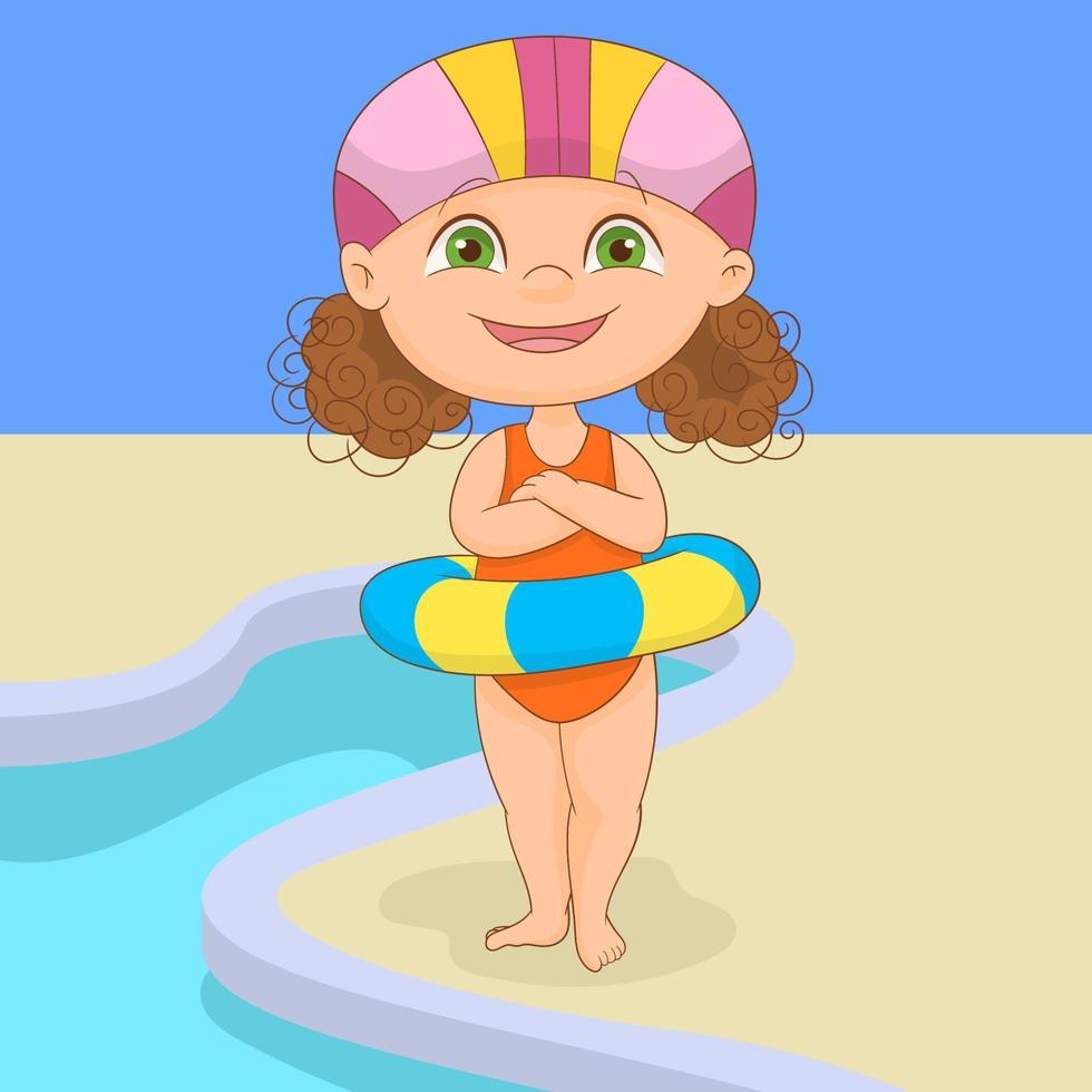 liten flicka med uppblåsbar livboj bredvid poolen vektor
