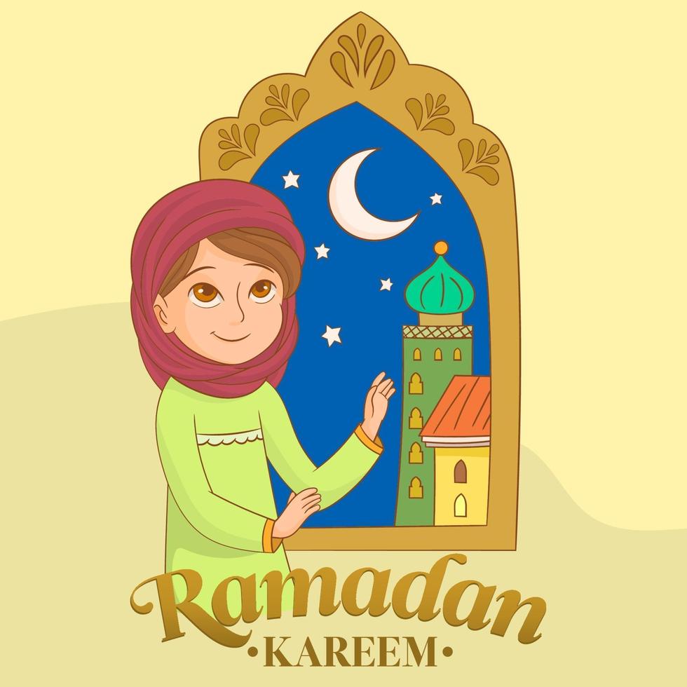 Ein muslimisches Mädchen in der Nähe eines Fensters betet im Ramadan vektor