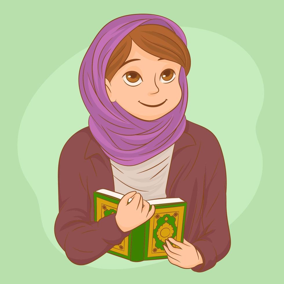 muslimisches Mädchen mit einem Buch in den Händen und ihrem Schleier vektor