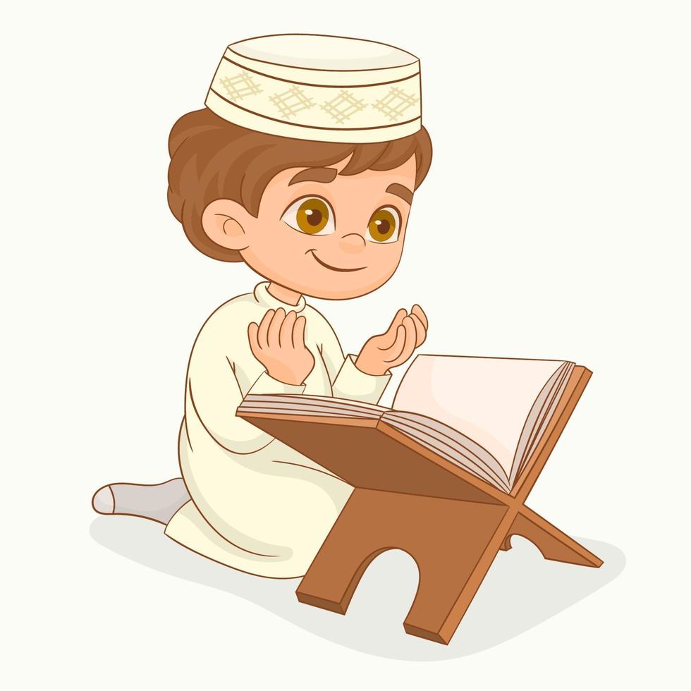 muslimsk pojke ber. läser koranen vektor