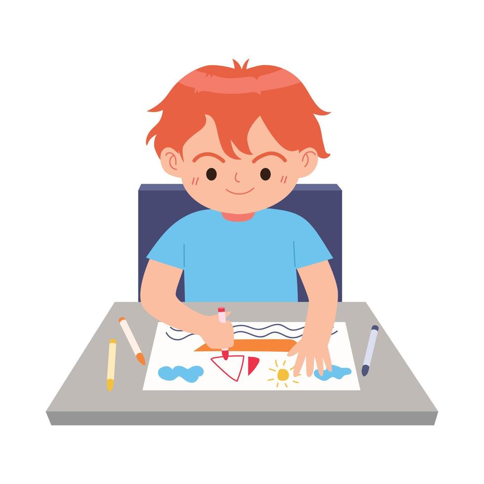 liten pojke Sammanträde på skrivbord och teckning bild tecknad serie vektor