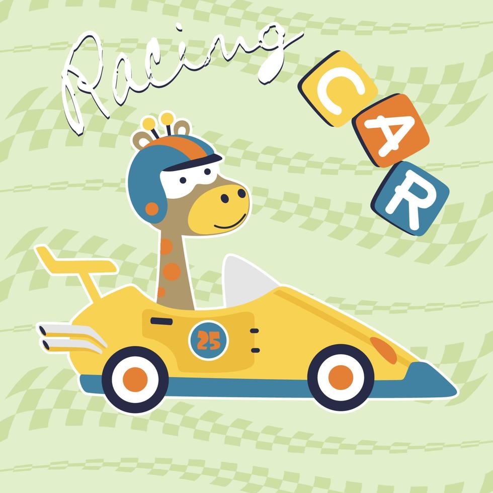 komisch Giraffe auf Rennen Auto, Vektor Karikatur Illustration