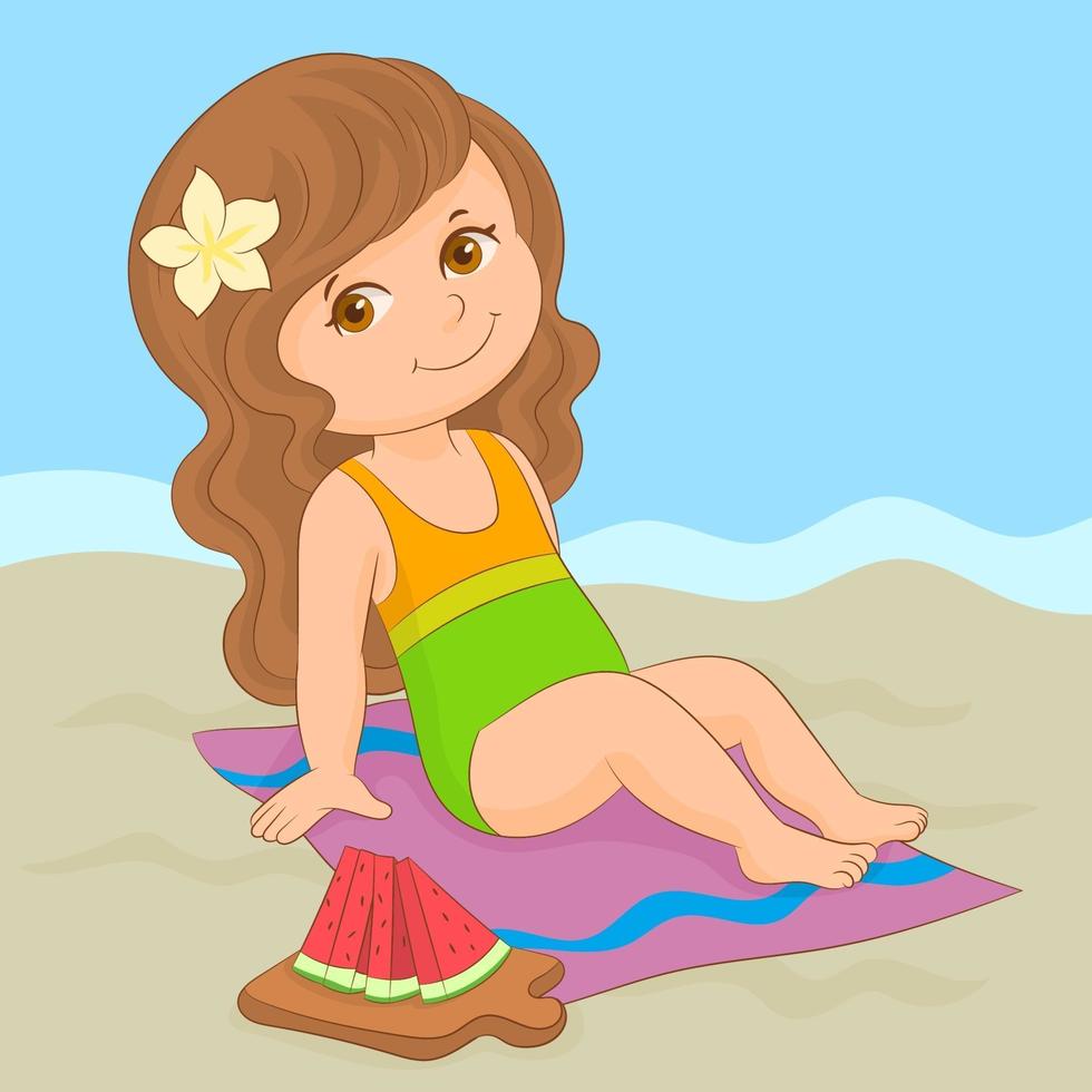 kleines Mädchen, das Sommerferien am Strand mit einer saftigen Wassermelone genießt vektor