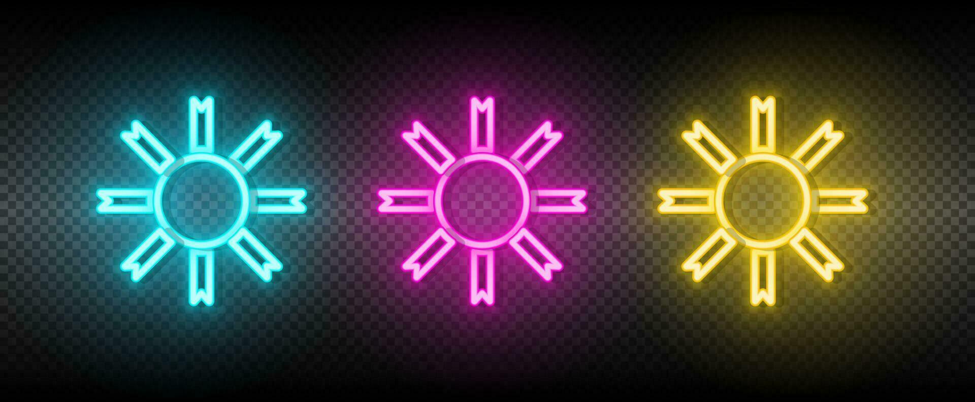 Sol blå, rosa och gul neon vektor ikon uppsättning.