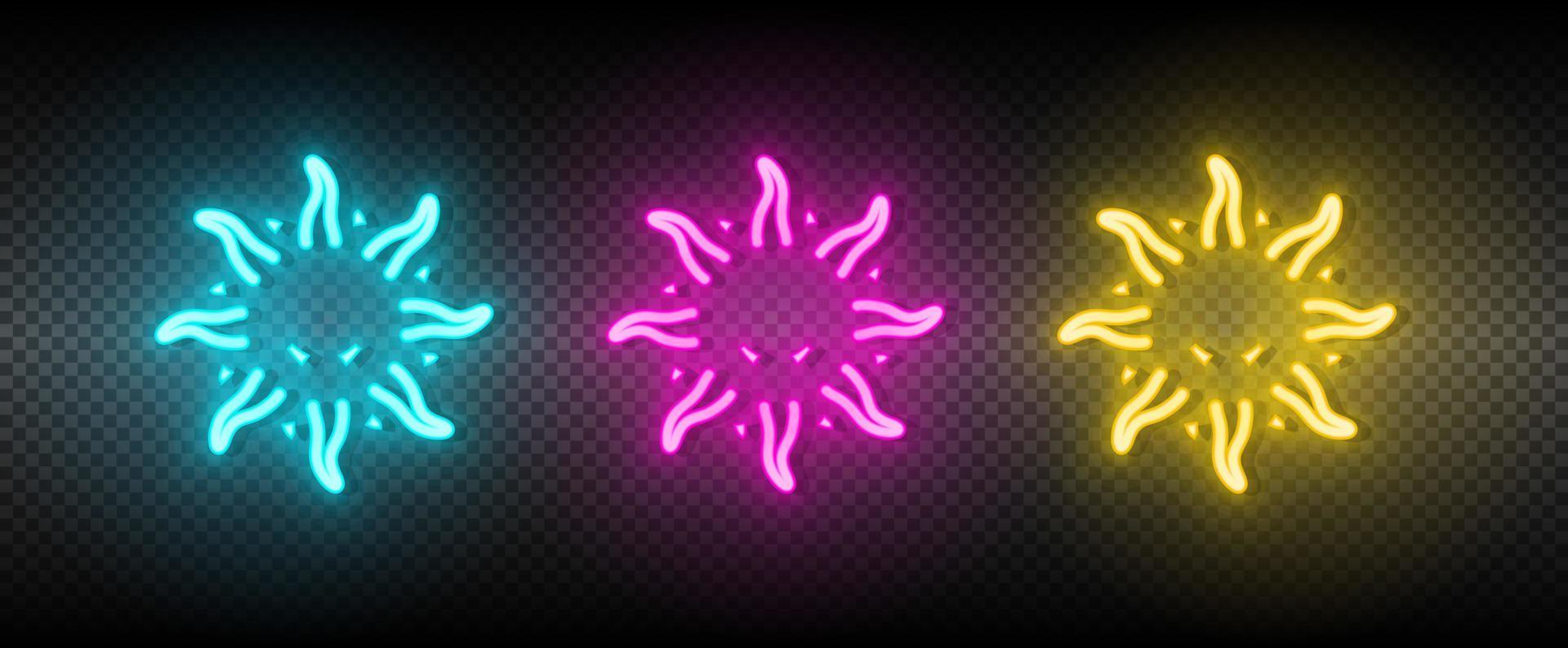 Sol blå, rosa och gul neon vektor ikon uppsättning.