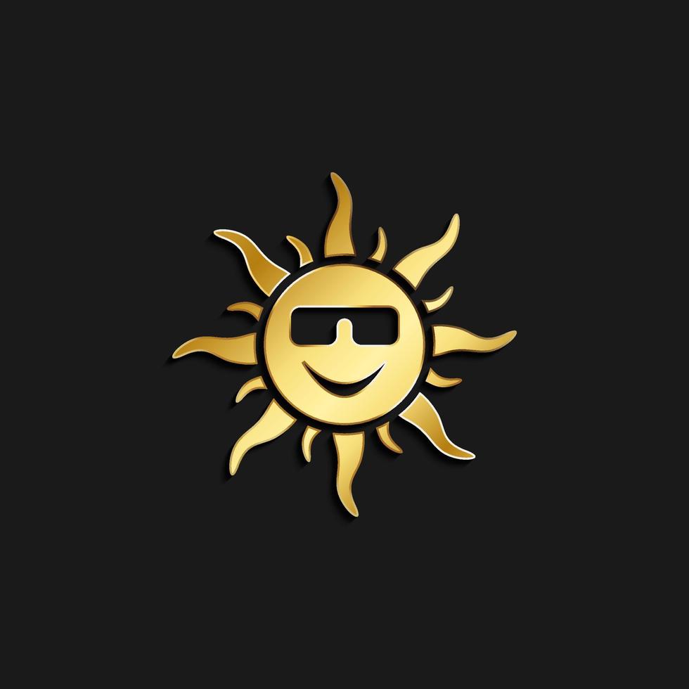 Sonne, Emoji Gold Symbol. Vektor Illustration von golden Stil. Sommer- Zeit auf dunkel Hintergrund .