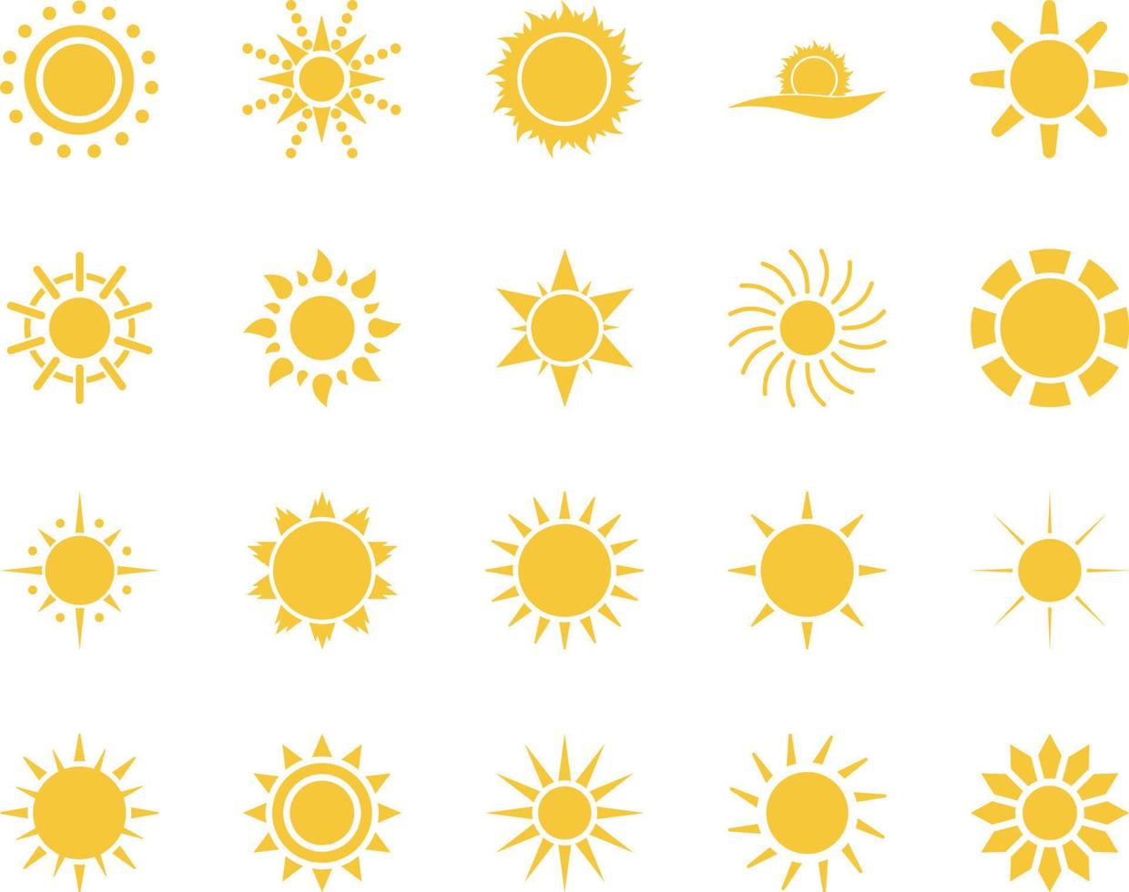 Sol. sommar tid ikon uppsättning. uppsättning av gul ikoner av de Sol, isolerat på vit bakgrund . vektor