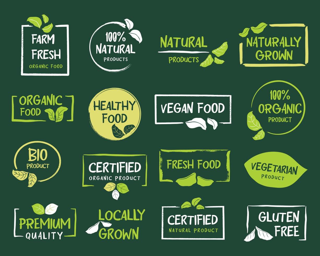 einstellen von organisch, natürlich, Bauernhof frisch und gesund Etiketten und Abzeichen zum Essen und trinken Produkte. vektor