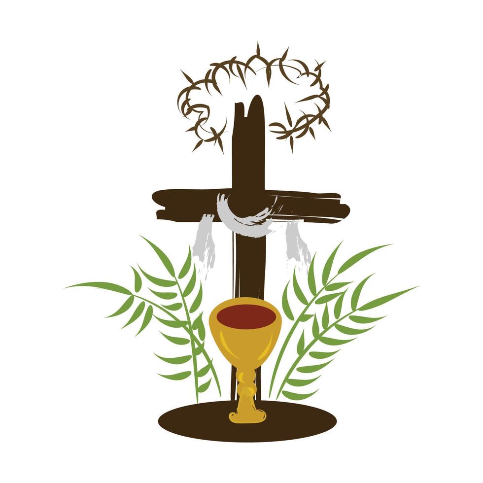 heilig Woche. Christian Ostern Symbol Symbole. Palme Zweig, Kreuz von Jesus Christus, Krone von Dornen, Schüssel und brot, gekreuzigt Palmen. Vektor Illustration
