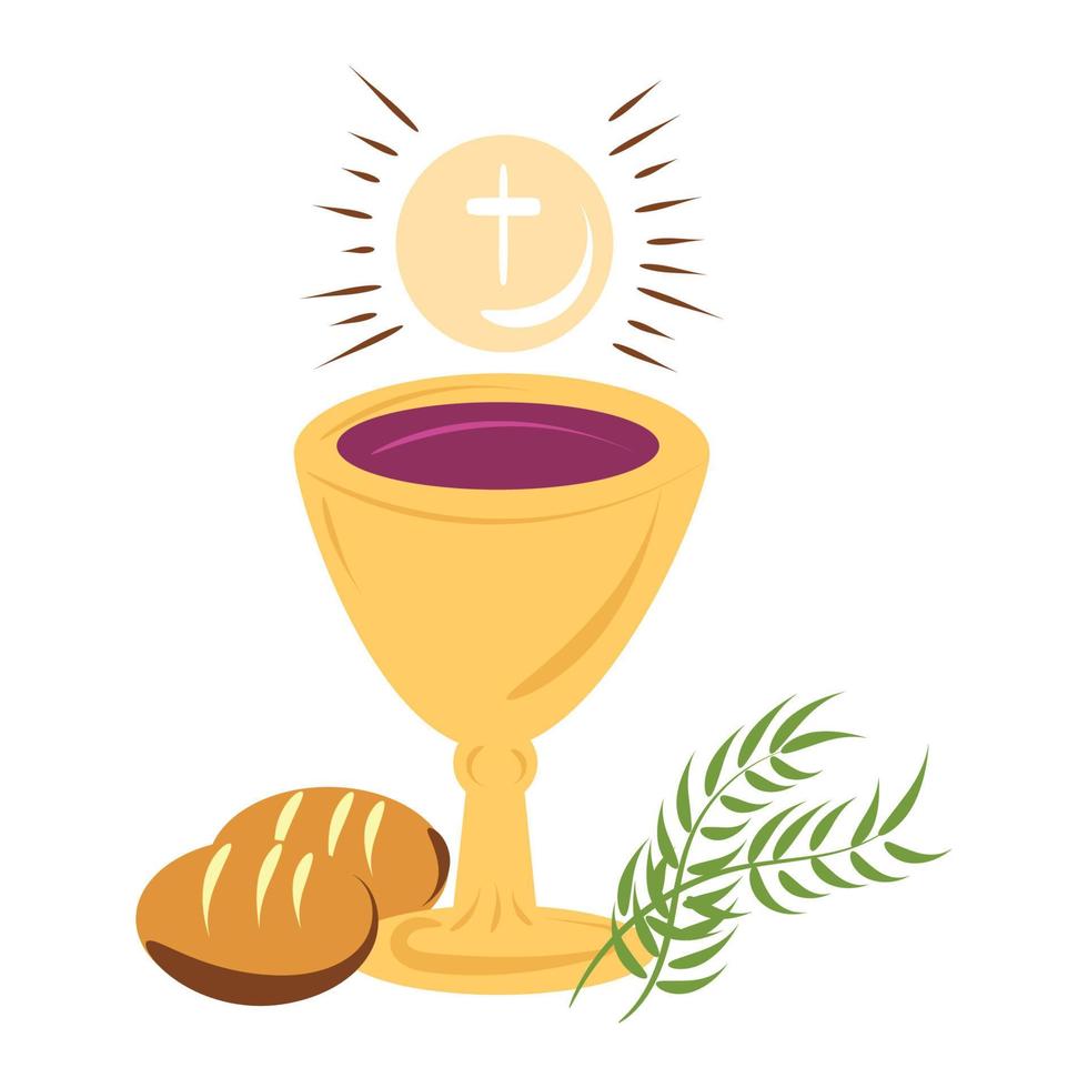 heilig Woche. Christian Ostern Symbol Symbole. Palme Zweig, Kreuz von Jesus Christus, Krone von Dornen, Schüssel und brot, gekreuzigt Palmen. Vektor Illustration