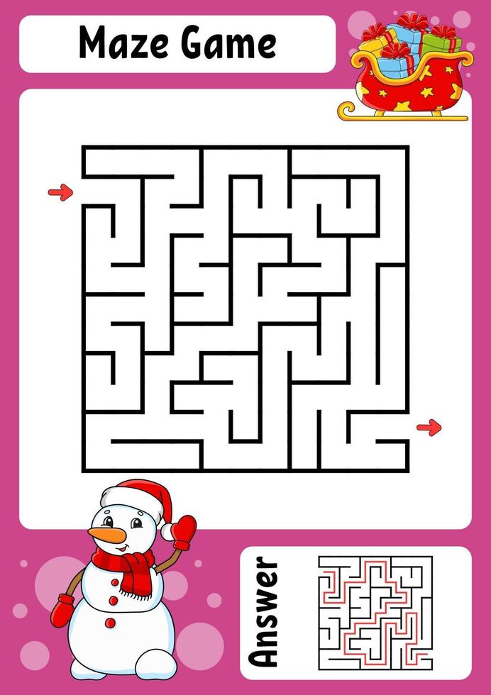 quadratisches Labyrinth. Spiel für Kinder. Winterthema. lustiges Labyrinth. Arbeitsblatt zur Entwicklung von Bildung. Aktivitätsseite. Cartoon-Stil. Rätsel für die Vorschule. logisches Rätsel. Farbvektorillustration. vektor