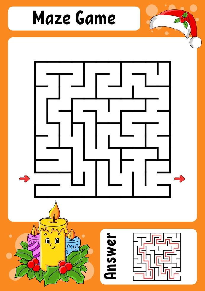 quadratisches Labyrinth. Spiel für Kinder. Winterthema. lustiges Labyrinth. Arbeitsblatt zur Entwicklung von Bildung. Aktivitätsseite. Cartoon-Stil. Rätsel für die Vorschule. logisches Rätsel. Farbvektorillustration. vektor