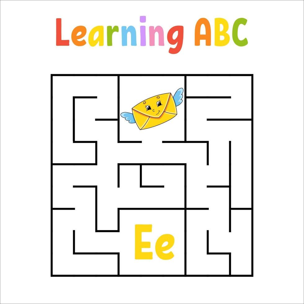 quadratisches Labyrinth. Spiel für Kinder. quadratisches Labyrinth. Bildungsarbeitsblatt. Aktivitätsseite. Englisch lernen Alphabet. Cartoon-Stil. den richtigen Weg finden. Farbvektorillustration. vektor