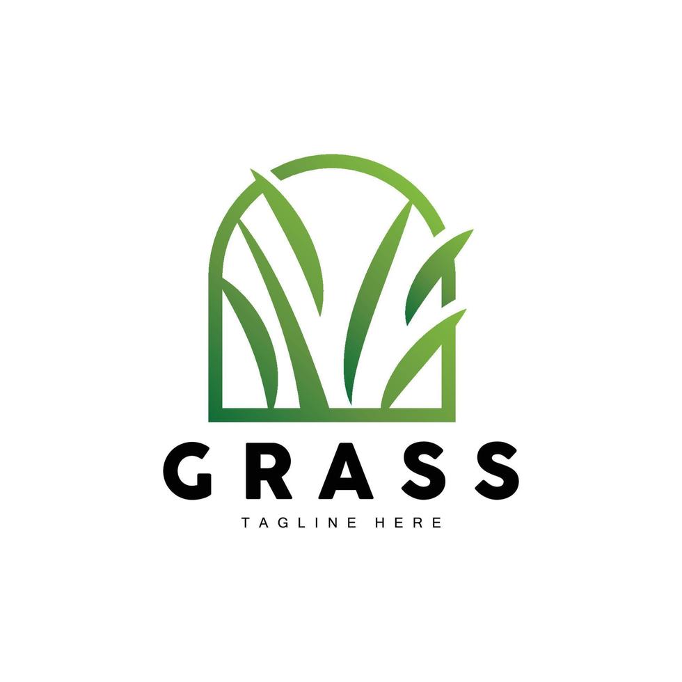 Logodesign des grünen Grases, Illustration der Bauernhoflandschaft, Vektor der natürlichen Landschaft