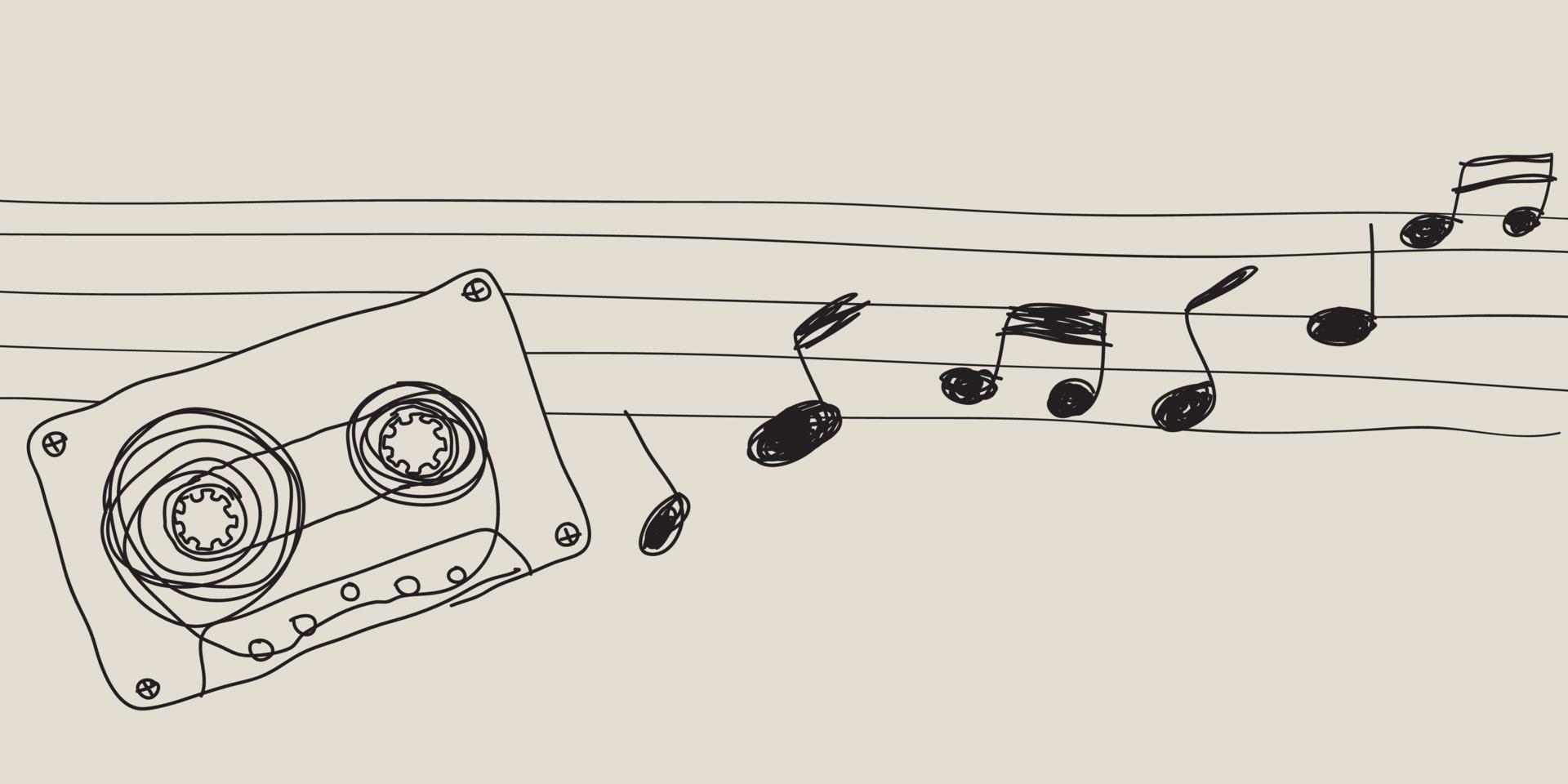 kassett tejp med musikalisk notera och personal barnslig stil vektor illustration svart och vit färger ha tom Plats. musik industrier begrepp klotter linje illustration.