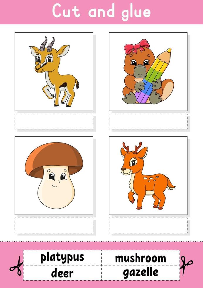 klipp och klistra. spel för barn. lära sig engelska ord. utbildning utveckla kalkylblad. sida för färgaktivitet. tecknad figur. vektor