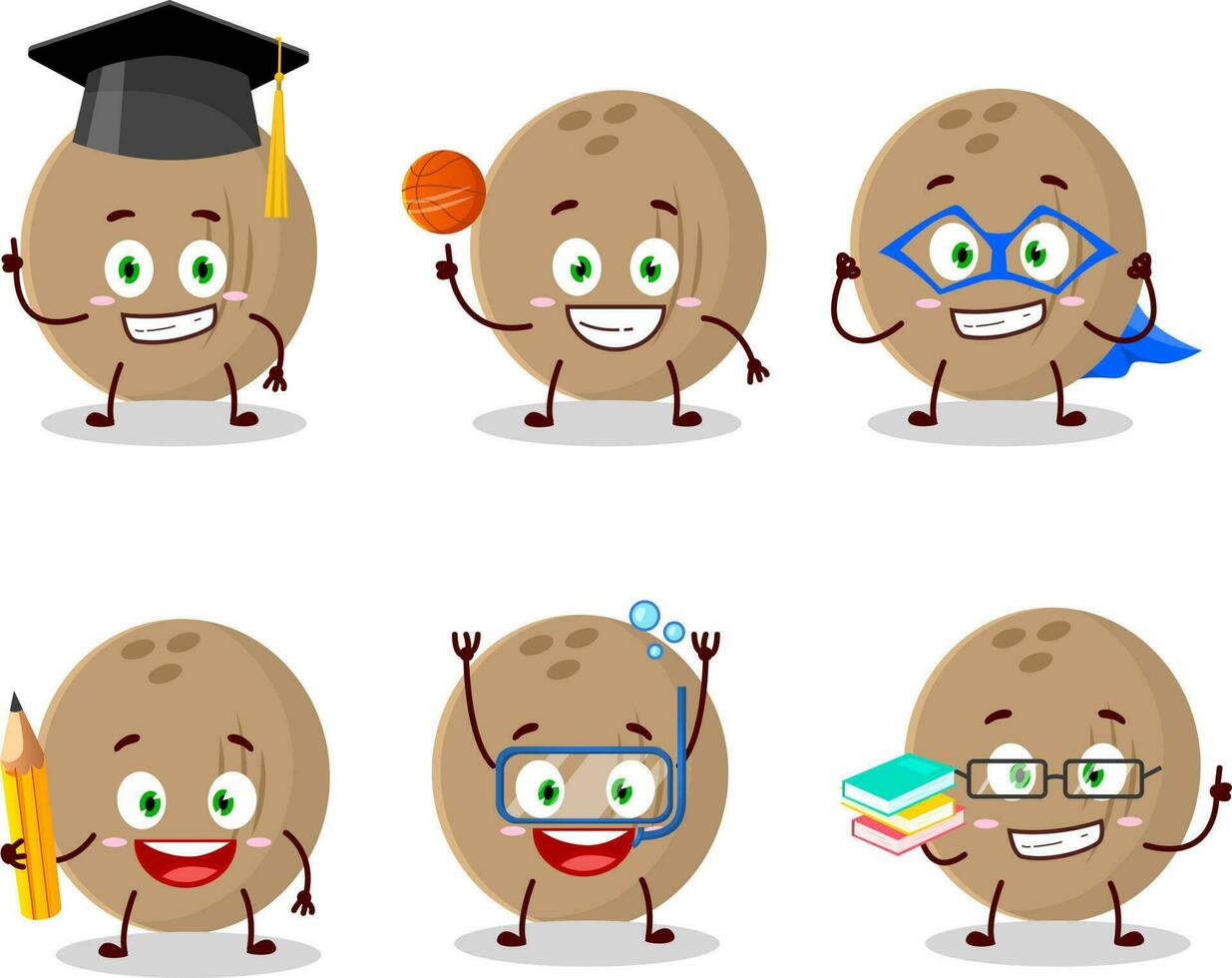 Schule Schüler von braun Kokosnuss Karikatur Charakter mit verschiedene Ausdrücke vektor