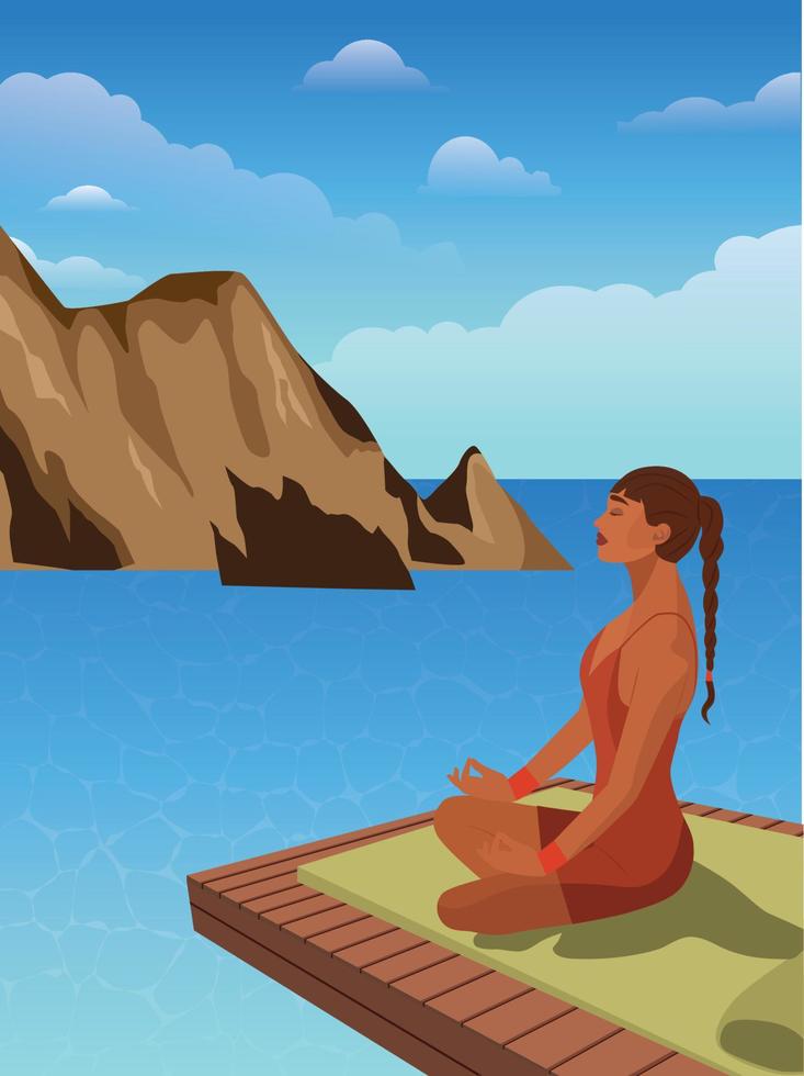 Digital Illustration von ein Yogi Mädchen tun Yoga Sitzung im ein Lotus Position und meditieren auf das Wasser gegen das Hintergrund von ein Berg Landschaft vektor