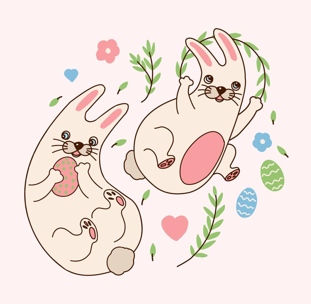 kawaii kindisch süß Hase Aufkleber. Kaninchen mit Ostern Eier, Zweige und Blumen. komisch Hase Poster. Ostern Dekor vektor