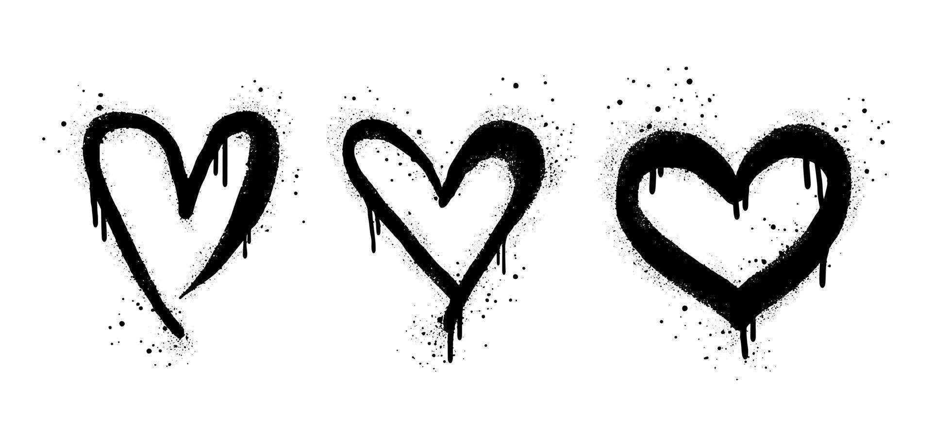 samling av spray målad graffiti hjärta tecken i svart över vit. kärlek hjärta droppa symbol. isolerat på vit bakgrund. vektor illustration