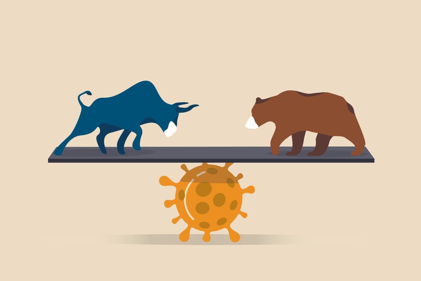 Bullen- und Bärenmarkt in Coronavirus Covid-19 Pandemie Auswirkungen Aktienmarkt und Weltwirtschaftskonzept, Bullen und Bären tragen Schutzmaske Balance auf Coronavirus-Erreger. vektor