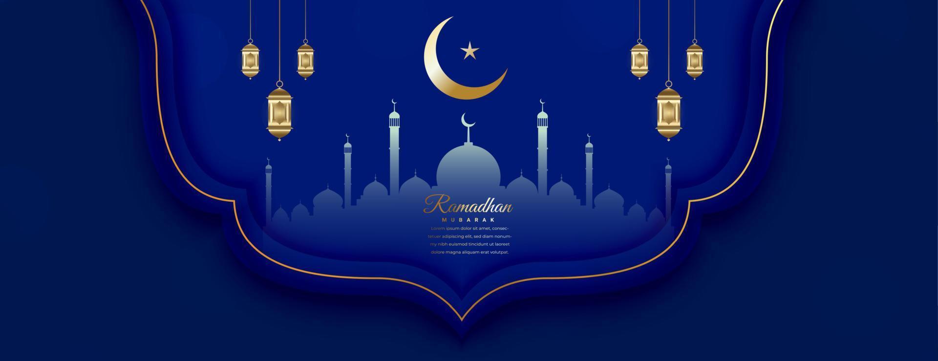 Ramadan Mubarak Festival Banner und Hintergrund mit Mond und Moschee Design vektor