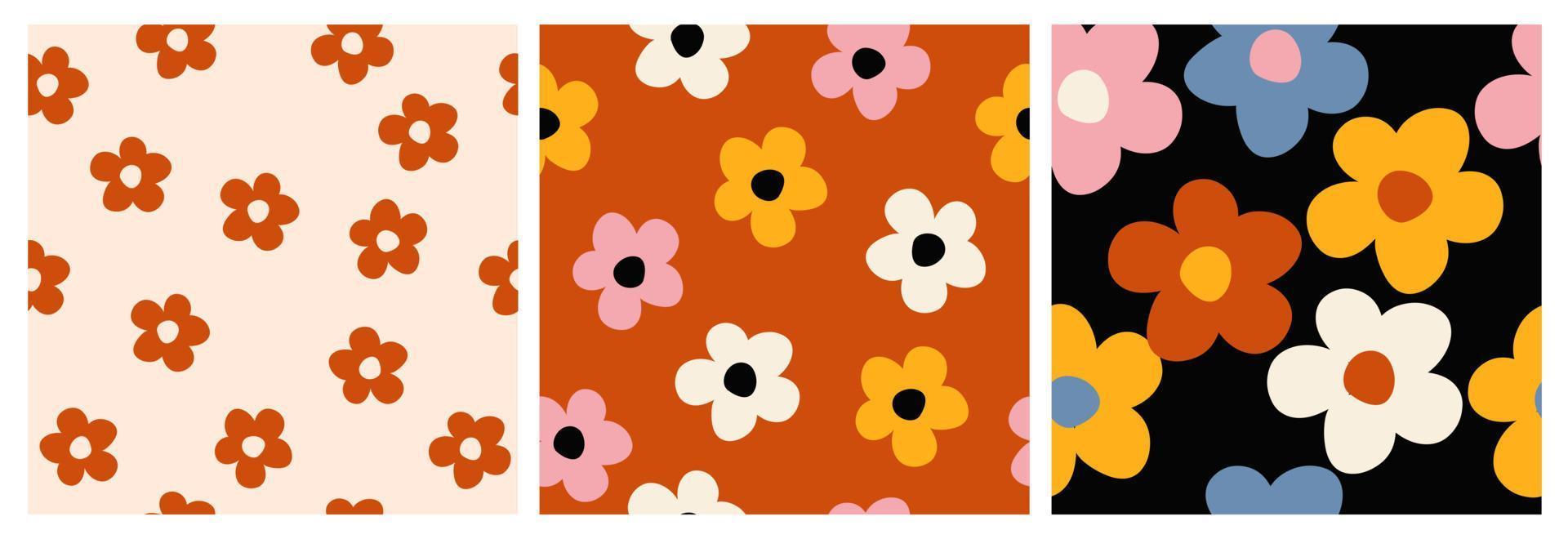 y2k Gänseblümchen Blumen nahtlos Muster im groovig retro funky Stil. einfach geformt Blumen Vektor Hintergrund. gemütlich Jahrgang Stoff drucken, Textil, Zuhause Deko.