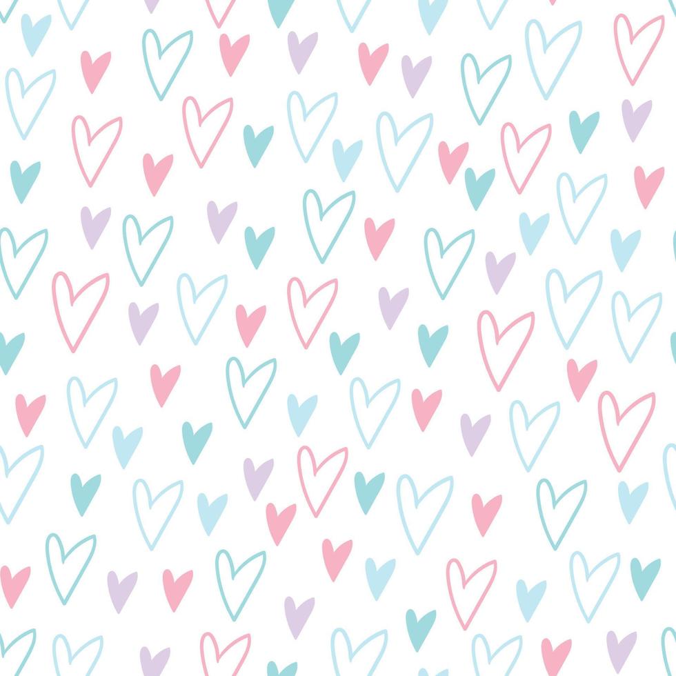 enkel sömlös mönster med rosa, blå och lila hand dragen hjärtan på vit bakgrund. för barns rum, tapet, textil, gåva papper, anteckningsbok omslag vektor