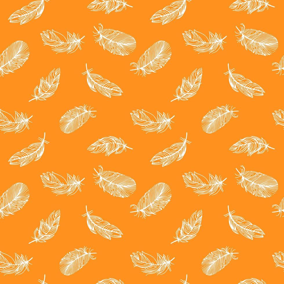 Feder nahtlos Muster auf Orange Hintergrund. Jahrgang Karte zum Stoff Design. Pfau Feder vektor