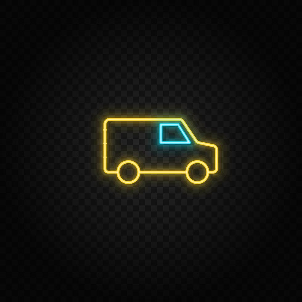 leverans, transport, bil neon ikon. blå och gul neon vektor ikon. transparent bakgrund