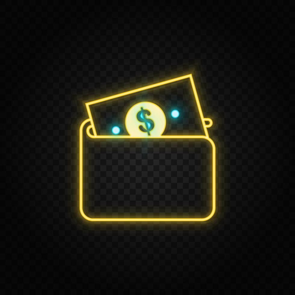 plånbok, pengar, kreditera neon ikon. blå och gul neon vektor ikon. transparent bakgrund