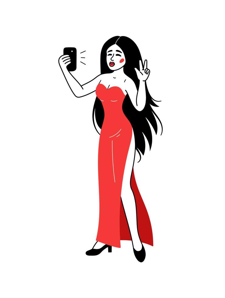 schön Frau, Mädchen im Abend Kleid nimmt ein Selfie, Fotografien Sie selber, hält ein Smartphone. Vektor Illustration isoliert auf Weiß Hintergrund. Gekritzel Stil, eben Design