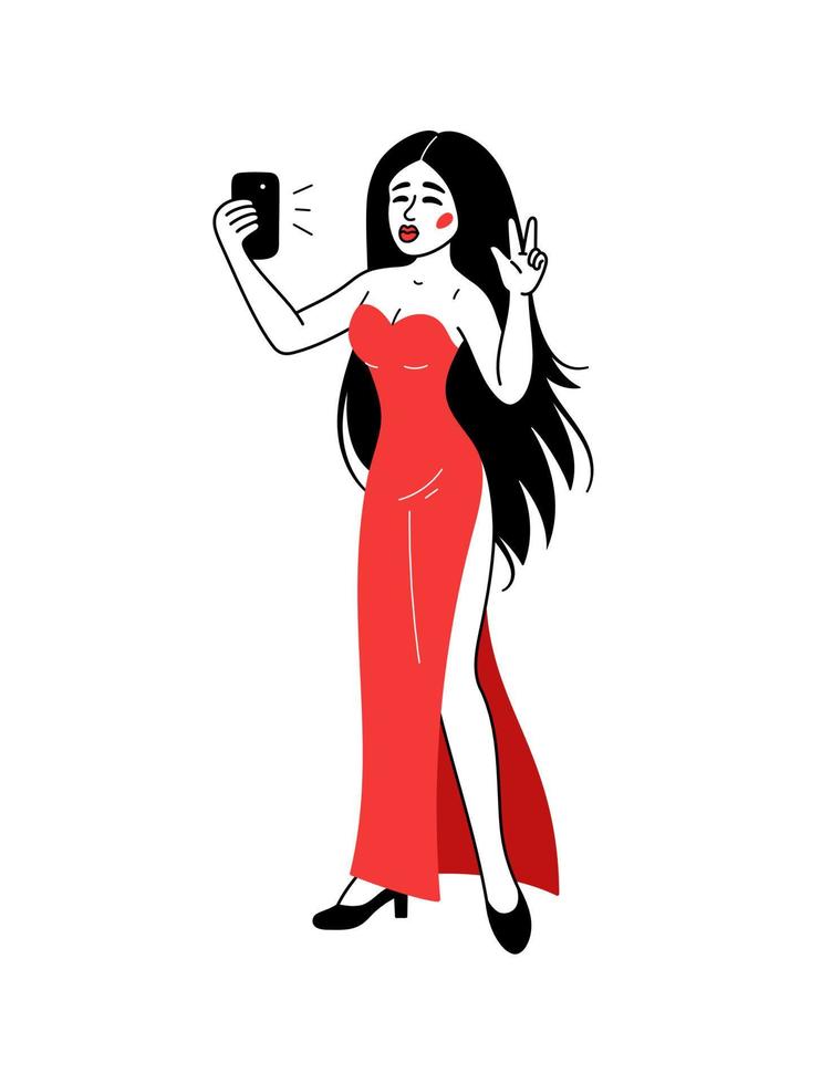 skön kvinna, flicka i kväll klänning tar en selfie, fotografier själv, innehar en smartphone. vektor illustration isolerat på vit bakgrund. klotter stil, platt design