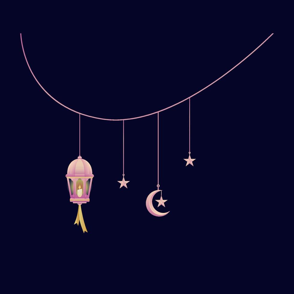hängande Ramadhan lykta lampa med ljus ljus och hängande stjärnor och halvmåne måne i rosa lutning grafisk element för ramadan festival dekoration design vektor