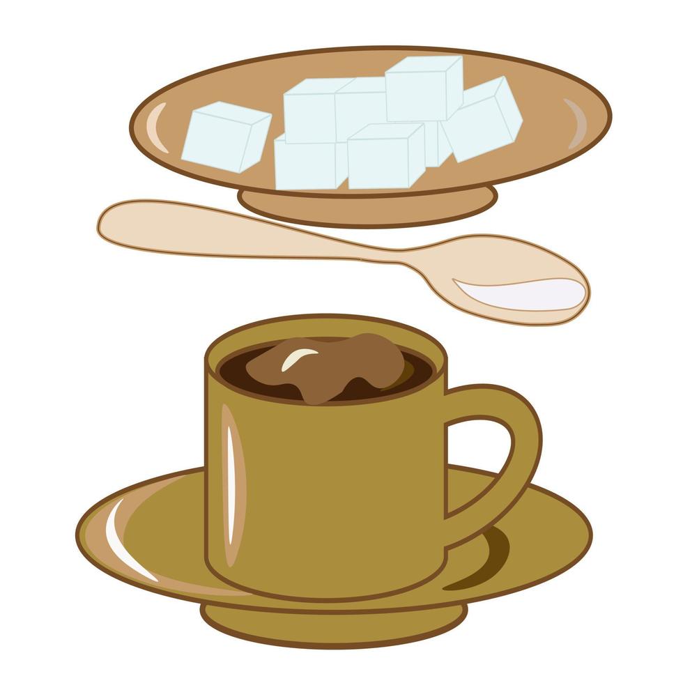 kaffe uppsättning. en kopp och en kaffe pott med socker och en sked på en fat. kaffe affär illustration baner affisch företag kort. vektor