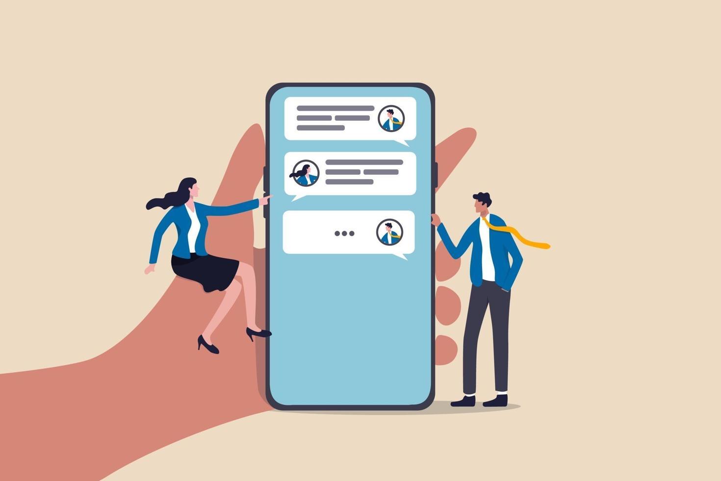 chatt mobilapplikation för företag, lagarbete med teknik för att kommunicera eller samarbeta i arbetskoncept, affärsman och affärskvinna kommunicera med mobilapp på stor hand som håller smart telefon vektor