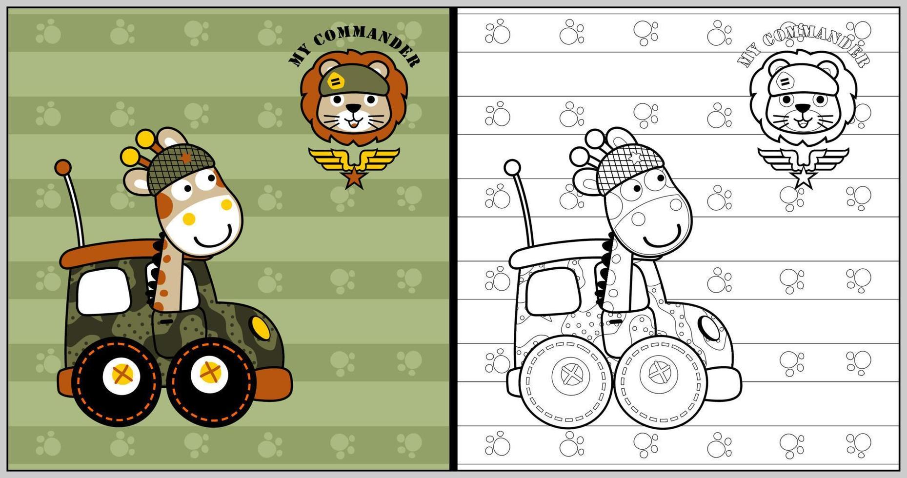 Vektor Karikatur von komisch Giraffe Fahren Militär- Auto, süß Löwe Gesicht, Färbung Buch oder Seite
