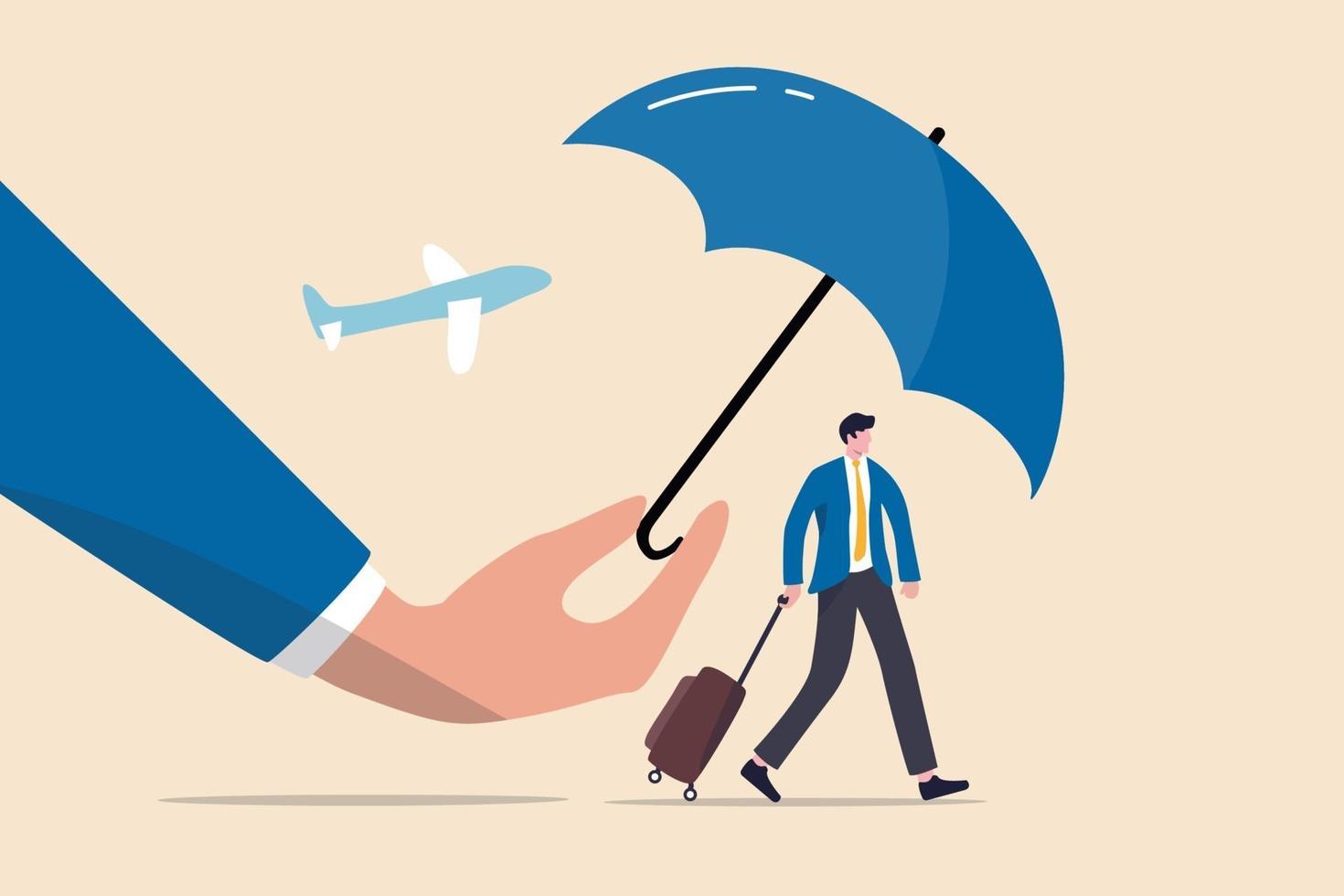 Reiseversicherung, Schutz für Reisende vor dem Fliegen im Konzept der Covid-19-Coronavirus-Ära, magische Hand, die Regenschirm als Schutzschild und Wache hält, um Reisende zu schützen, die auf dem Flughafen gehen. vektor