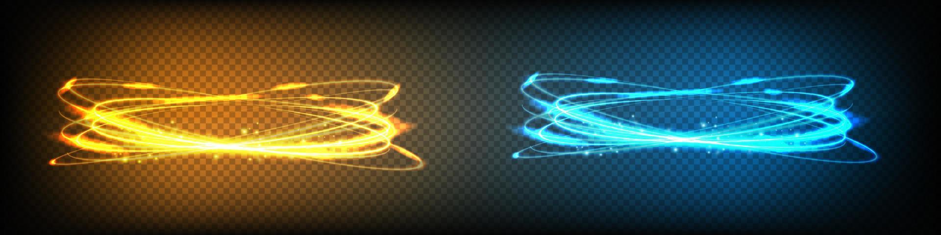 gyllene och blå lysande skinande spiral rader effekt vektor bakgrund. eps10. abstrakt ljus hastighet rörelse effekt. skinande vågig spår. ljus målning. ljus spår.