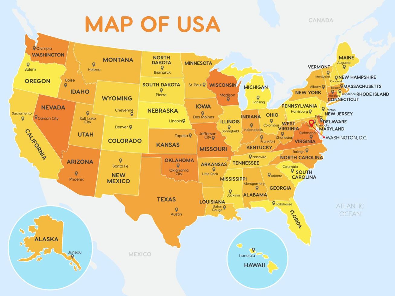 detailliert Vektor Karte von vereinigt Zustand von Amerika mit Zustände und Städte Name mit International Grenzen