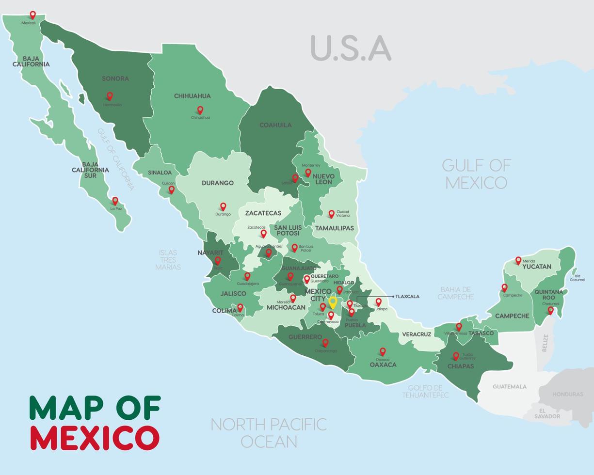 detaljerad vektor Karta av mexico med stad namn i pastell Färg