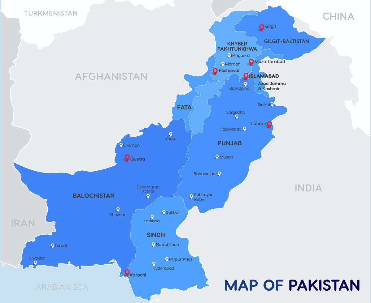 detaljerad vektor Karta av pakistan med provinser och städer namn med internationell gränser