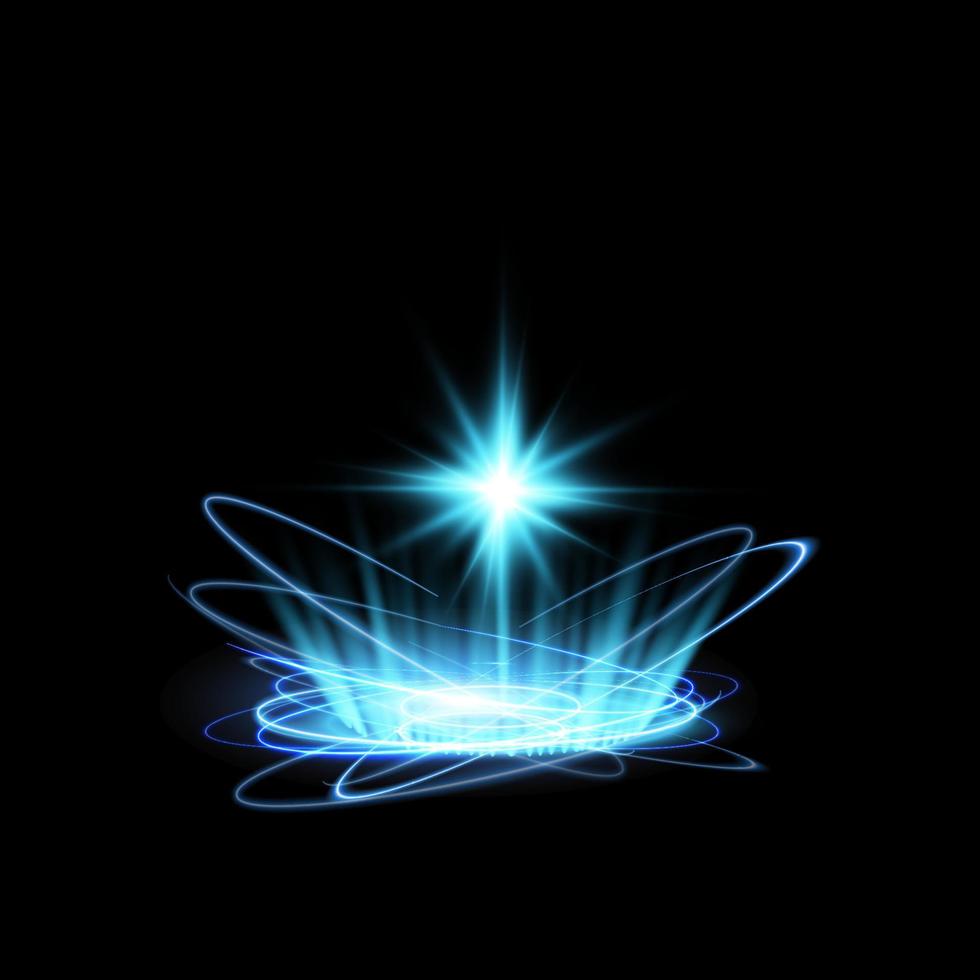 magi portaler på de natt scen. blå runda hologram med strålar av ljus och gnistrar. lysande trogen teleport tunnel med kopia Plats vektor