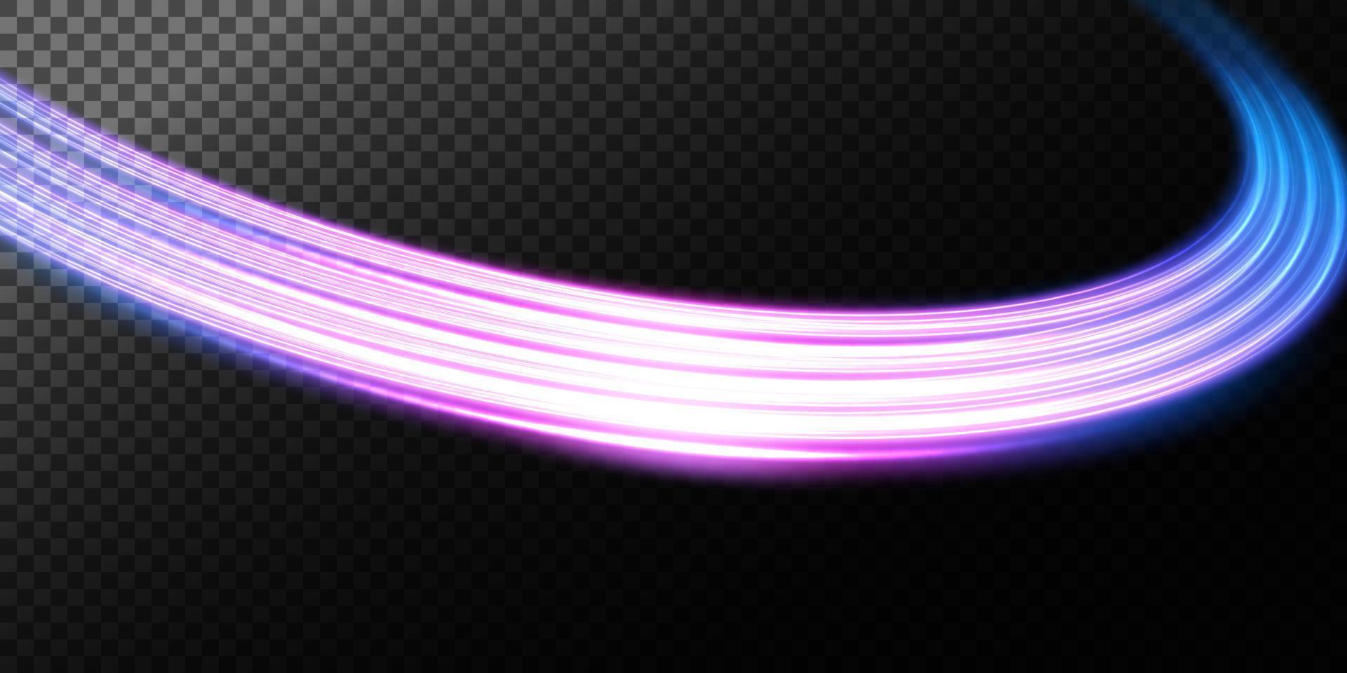 abstrakt ljus rader av rörelse och hastighet med lila Färg glitter. ljus varje dag lysande effekt. halvcirkelformig Vinka, ljus spår kurva virvla runt vektor