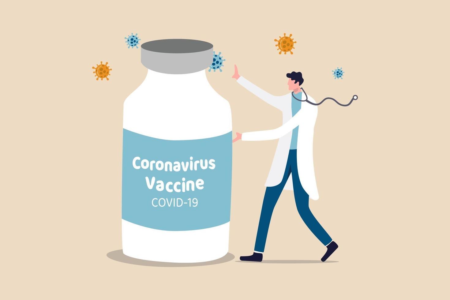 Entdeckung des Coronavirus-Covid-19-Impfstoffs, Medikament oder Medizin zur Heilung des Covid-19-Krankheitskonzepts, Arzt oder medizinischer Forscher, der die große Flasche des Coronavirus-Impfstoffs mit Viruspathogen vorstellt. vektor